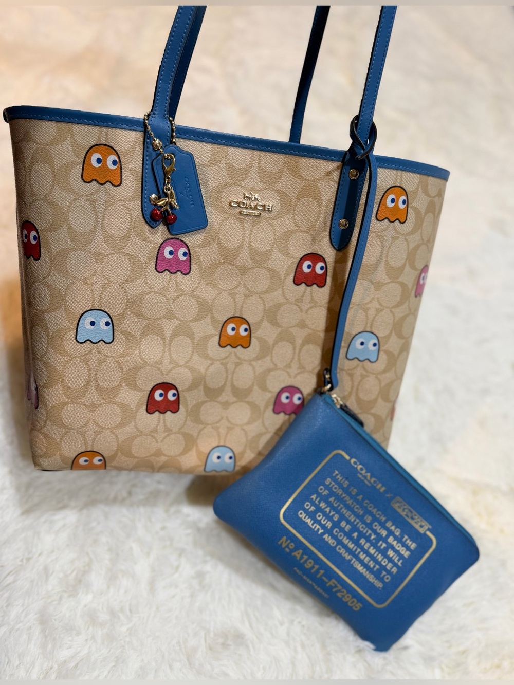 Coach x PacMan Reversible Tote with Pouch and Bonus Coach Cherry Charm